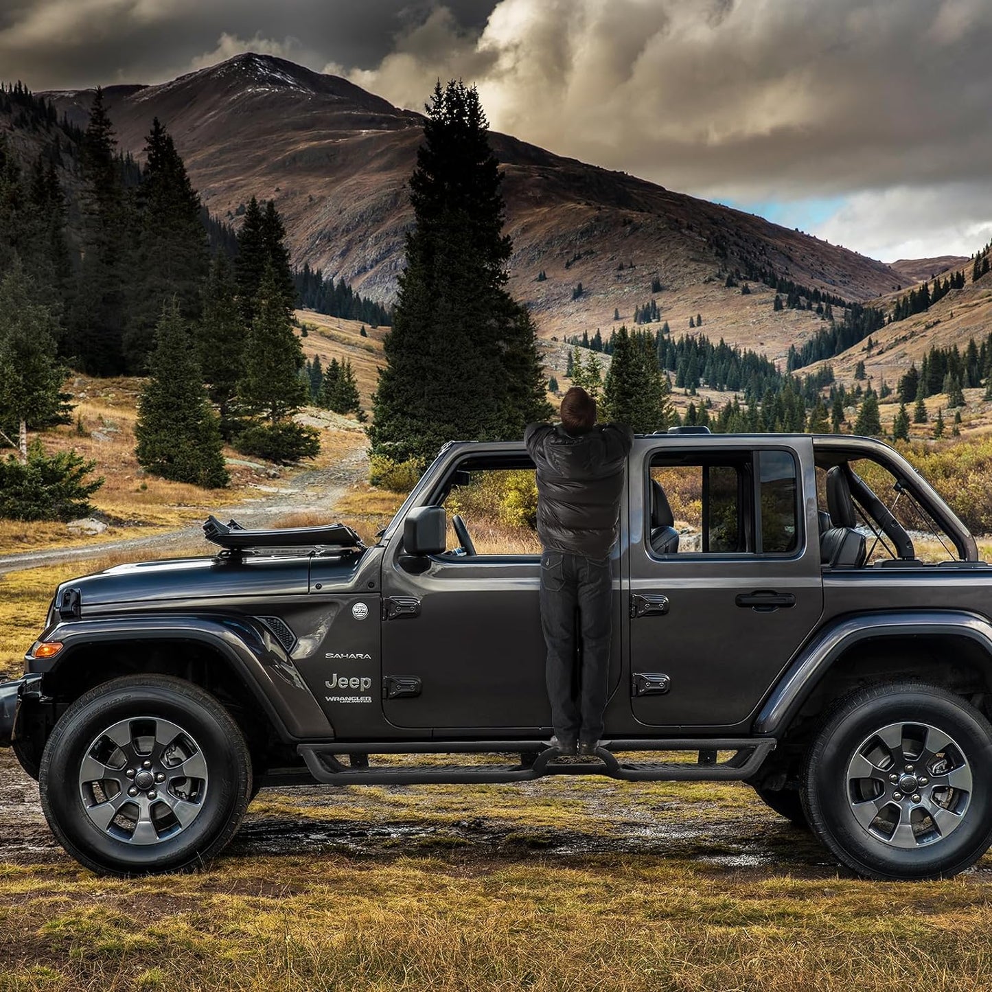 SMANOW Running Boards Compatible with 2007-2018 Jeep Wrangler JK 4 Doors, A Two-Stair Layout Steps Design, Honeycomb Holes, Small Center Step.