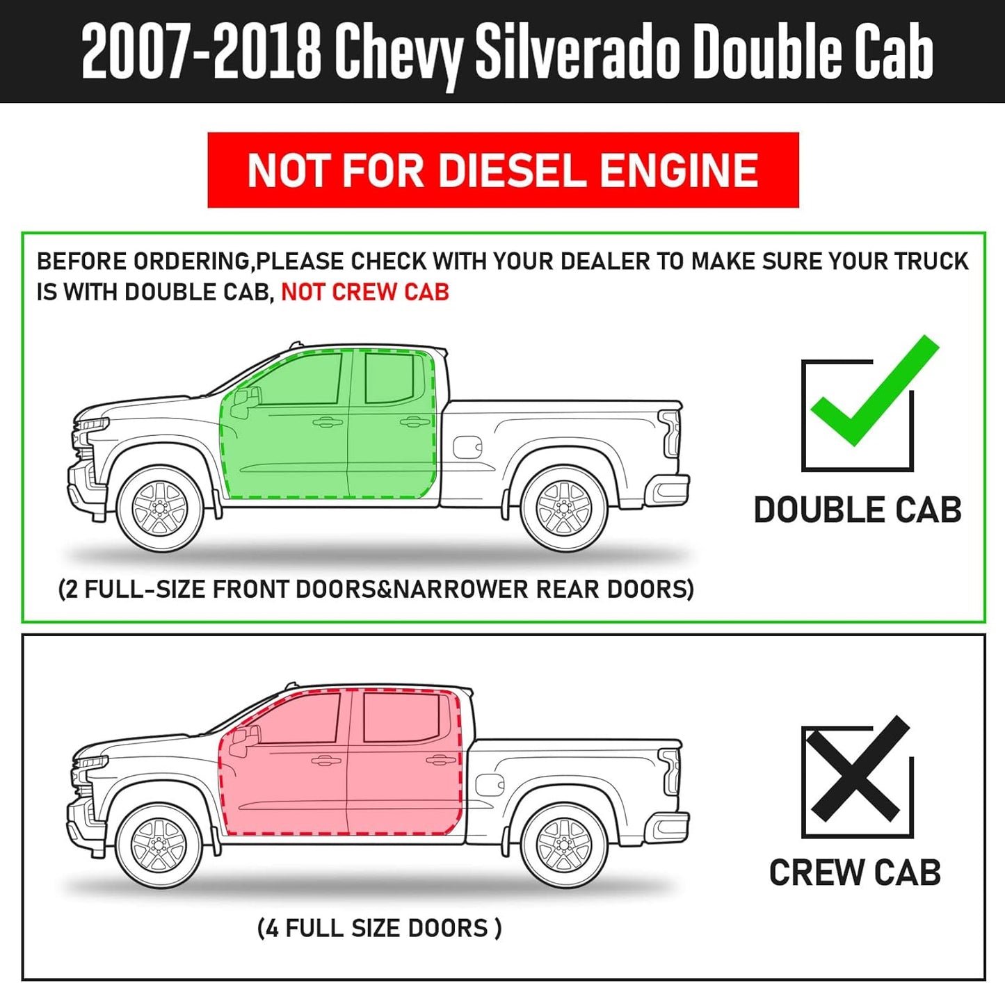 Running boards compatible with 2007-2018 chevy silverado/ gmc sierra 1500 2500hd 3500hd double cab, 2019 silverado /sierra 2500hd 3500hd double cab, 2019 silverado 1500 ld double cab and 2019 sierra 1500 limited double cab with 2 narrow rear doors. Does not compatible with diesel engine model. Not compatible with crew cab (4 full-size doors).