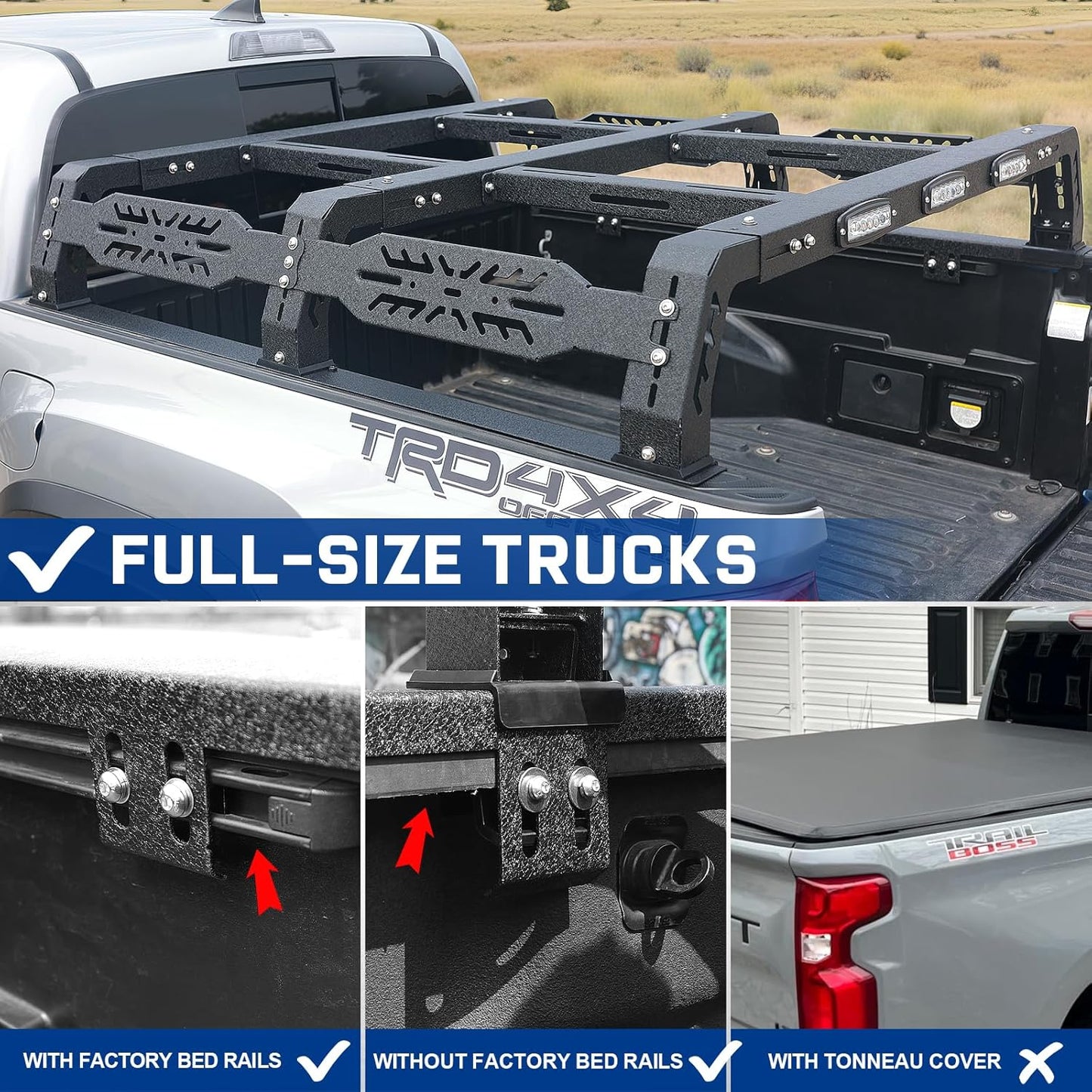 Truck bed rack compatible with 2004-2025 Ford F-150/2009-2025 Dodge Ram/2004-2025 Nissan Titan/2016-2025 NissanTitan Xd/2014-2025 Silverado 1500/Sierra 1500(Only 6.5FT)/2007-2024 Toyota Tundra, for trucks (This bed rack will not work with a tonneau cover).
