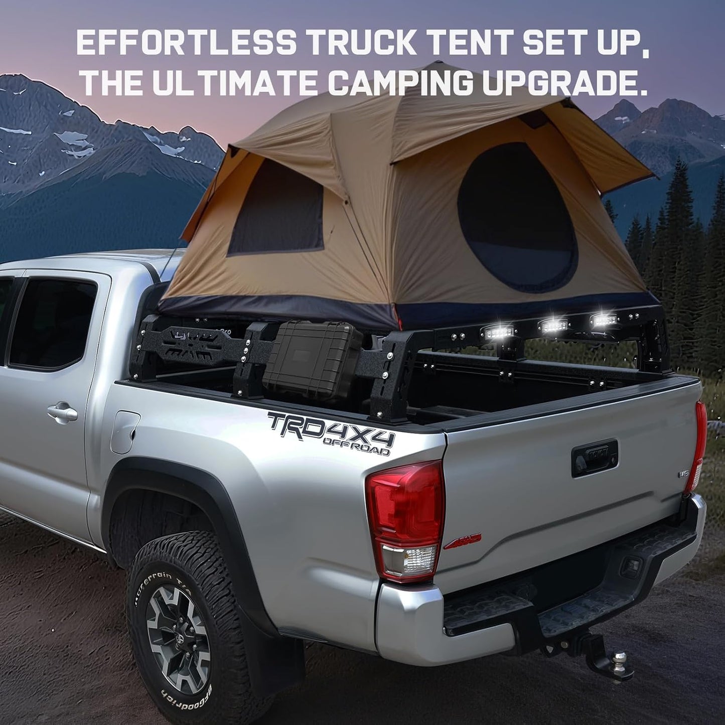 The bed rack is equipped with three LED light strips, providing ample illumination for nighttime driving while also functioning as warning lights to prevent vehicle collisions and ensure road safety. Its design significantly enhances nighttime visibility and facilitates easy handling of items, further ensuring safe operations in driving conditions.