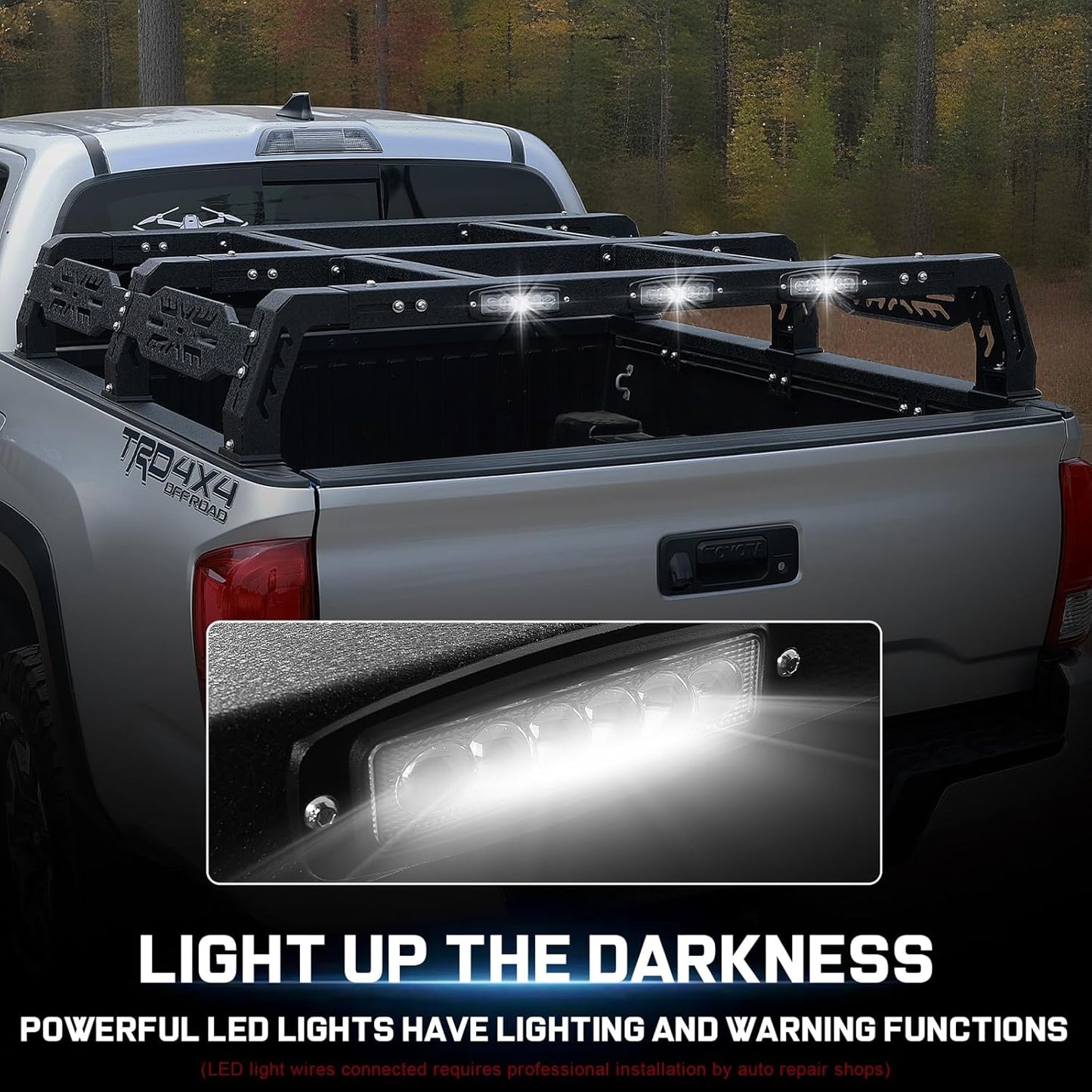 The bed rack is equipped with three LED light strips, providing ample illumination for nighttime driving while also functioning as warning lights to prevent vehicle collisions and ensure road safety. Its design significantly enhances nighttime visibility and facilitates easy handling of items, further ensuring safe operations in driving conditions.