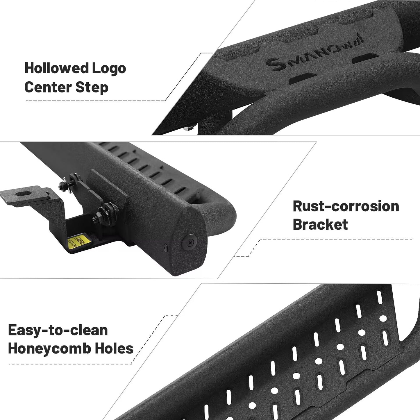 Hollowed logo center step, Rust-corrosion brakcets, Easy-to-clean honeycomb holes