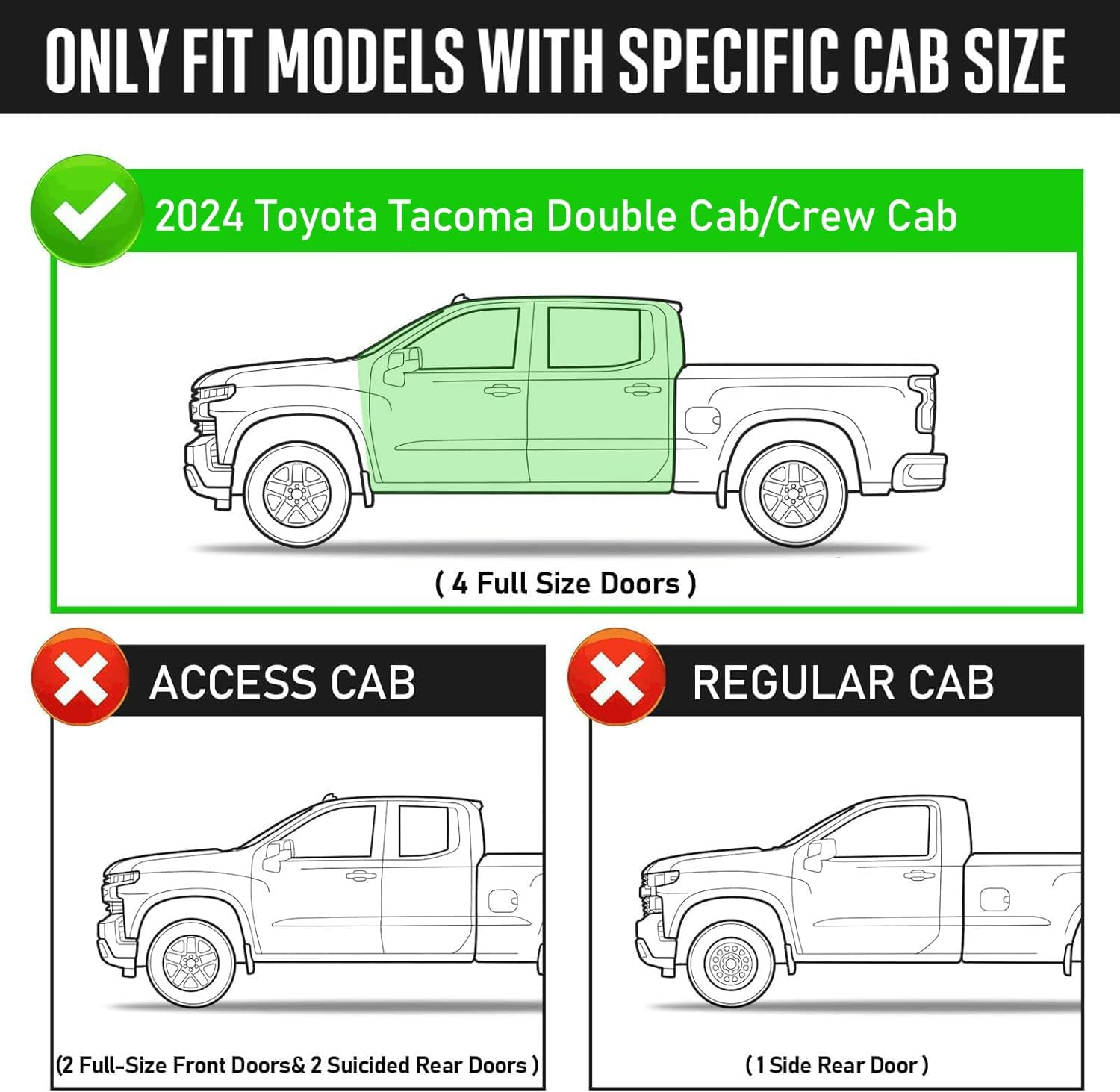 Running Boards for 2024 Toyota Tacoma Double Cab(4 Full-size Doors). Does Not Fit Access Cab(2 Full-size Doors and 2 Half-size Doors).