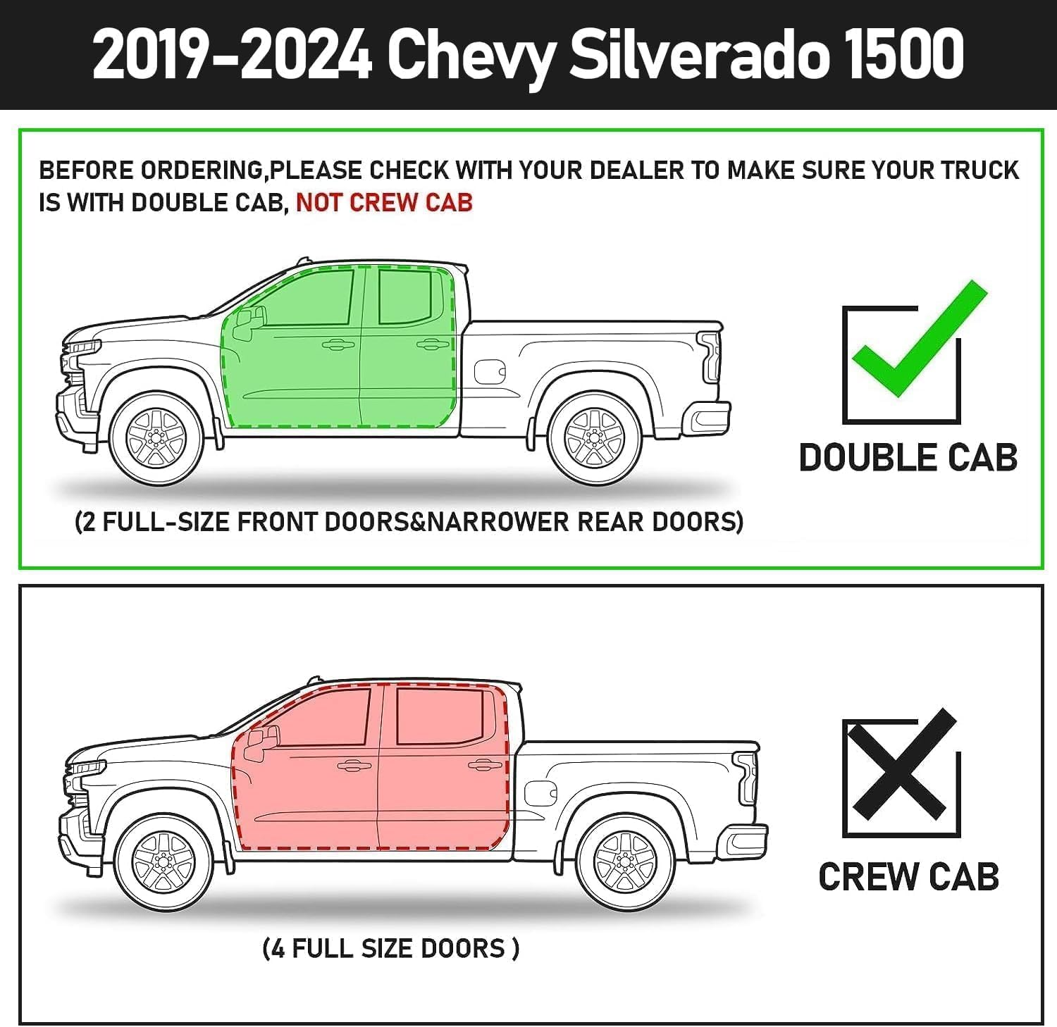 Running Boards For 2019-2024 Chevy Silverado/Gmc Sierra 1500 &amp; 2020-2024 Chevy Silverado/Gmc Sierra 1500 2500HD 3500HD (Incl. Diesel Engine). Only Fit For&nbsp;Double Cab(2 Full-size Doors and 2 Half-size Doors). Does Not Fit 2019 Silverado 1500 LD &amp; Sierra 1500 Limited.