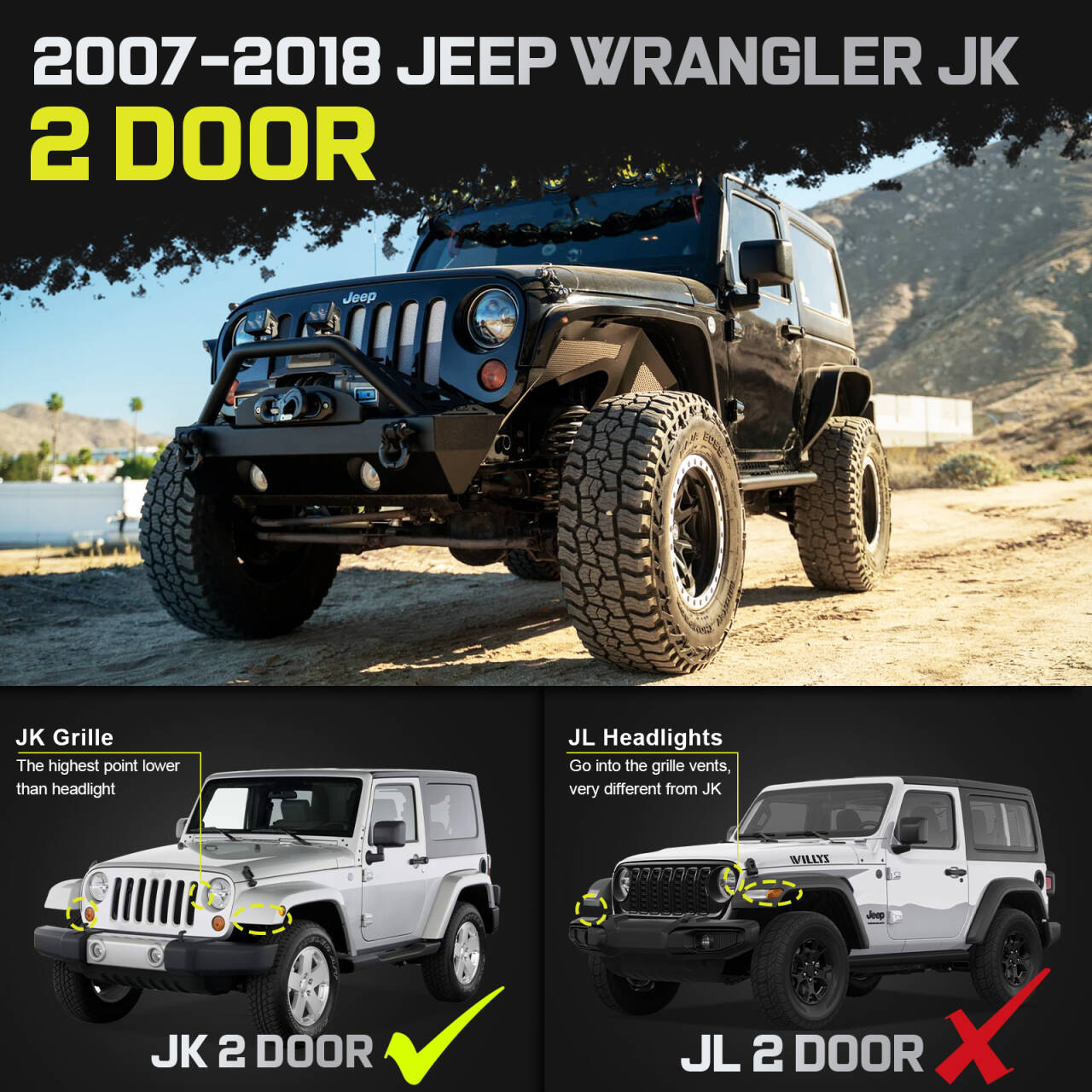 Truck running boards compatible with 2007-2018 Jeep Wrangler JK 2 Door. Not compatible with Wrangler JL.