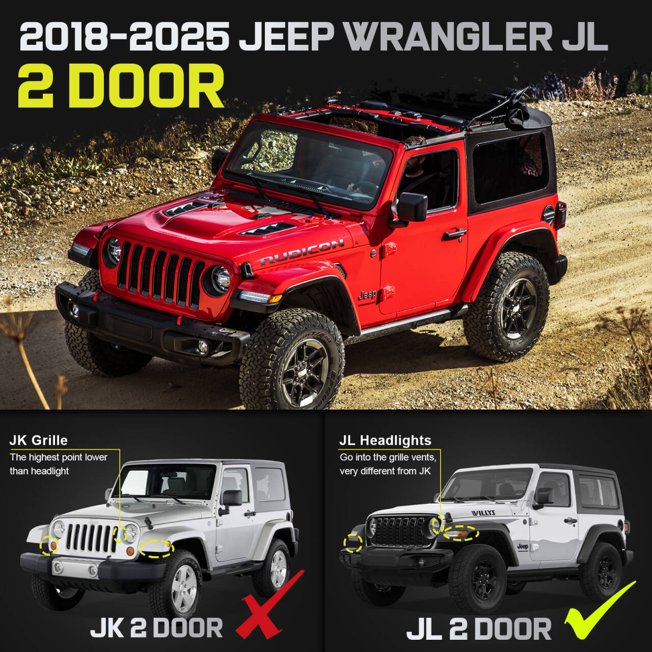 Truck running boards compatible with 2018-2025 Wrangler JL 2 door. Not compatible with Wrangler JK.