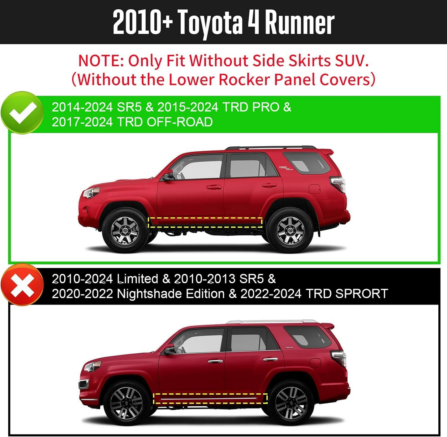  2010-2024 Toyota 4Runner(Without Side Skirts), (Excl. 10-13 Sr5 & 10-24 Limited & 20-22 Nightshade Edition & 22-24 TRD Sport)