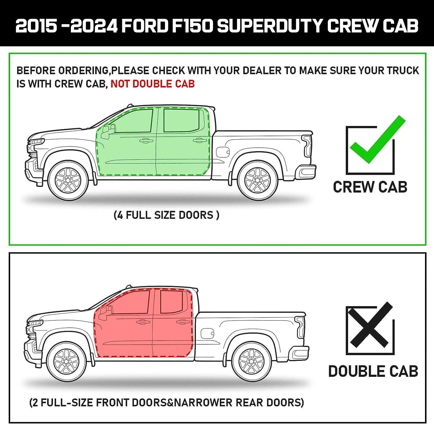 Running Boards Compatible with 2015-2024 Ford F150 SuperCrew Cab with 4 Full-size Doors. Not for Super Cab (2 Full-size Doors and 2 Half-size Doors).