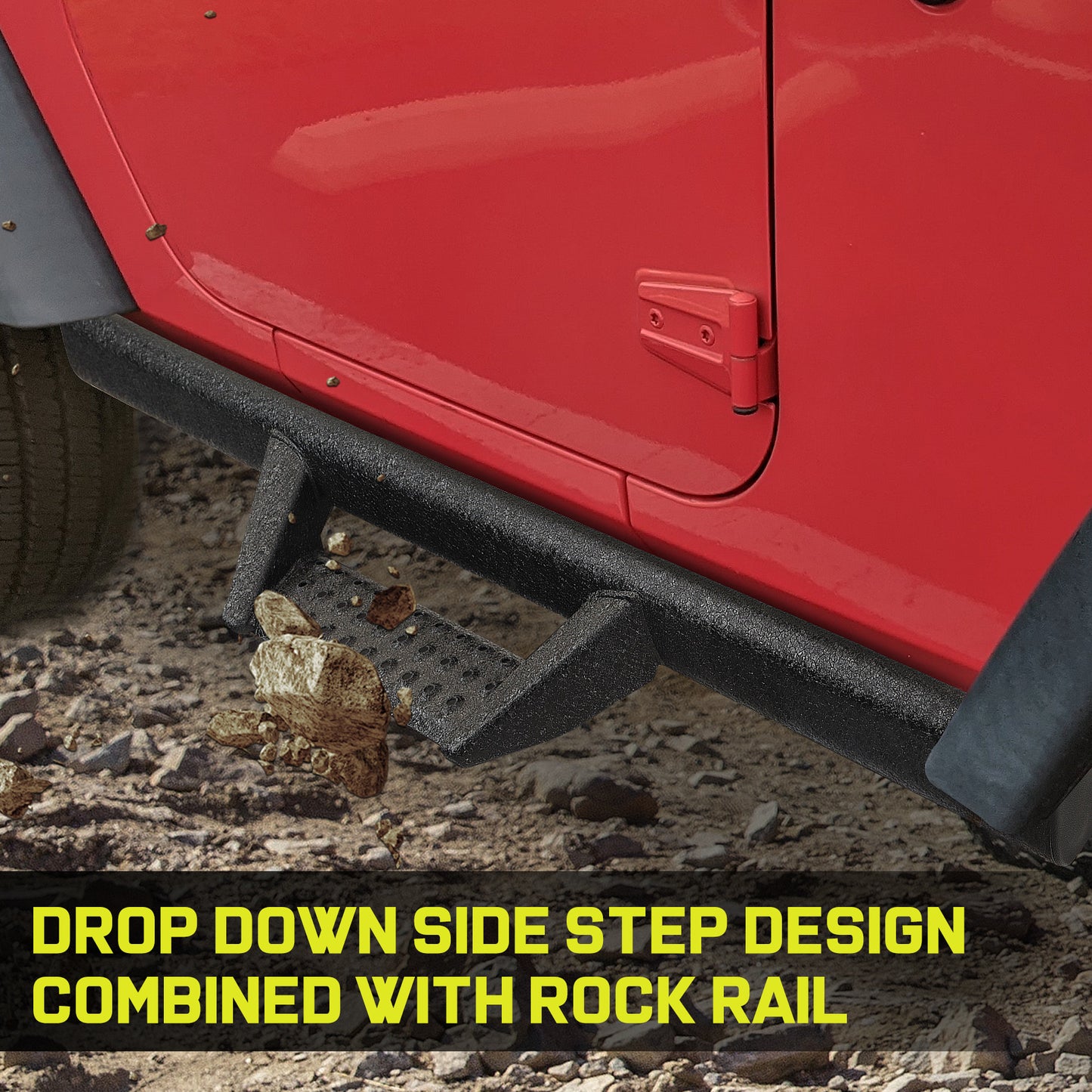 DROP DOWN SIDE STEP DESIGN COMBINED WITH ROGK RAIL