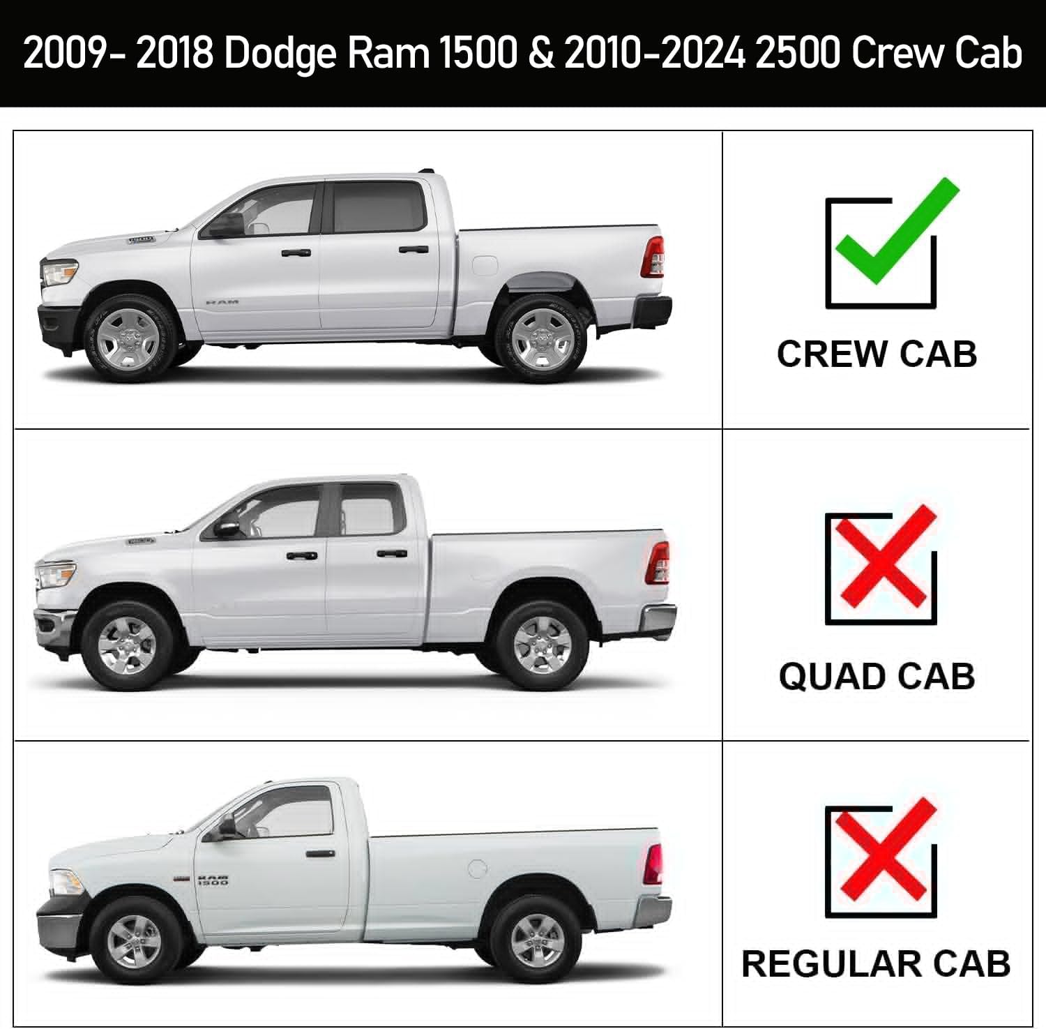 Compatible with 2009-2018 Ram 1500 & 2010-2024 Ram 2500 3500 & 2019-2024 Ram 1500 Classic Crew cab, not for quad cab.