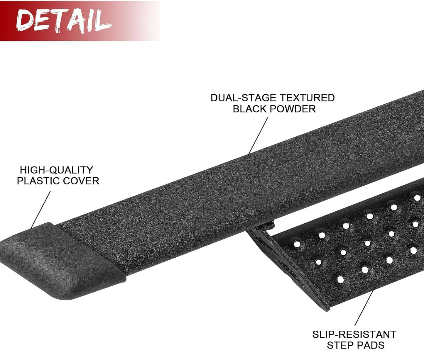 HIGH-QUALITY PLASTIC COVER, DUAL-STAGE TEXTURED BLACK POWDER, SLIP-RESISTANT STEP PADS