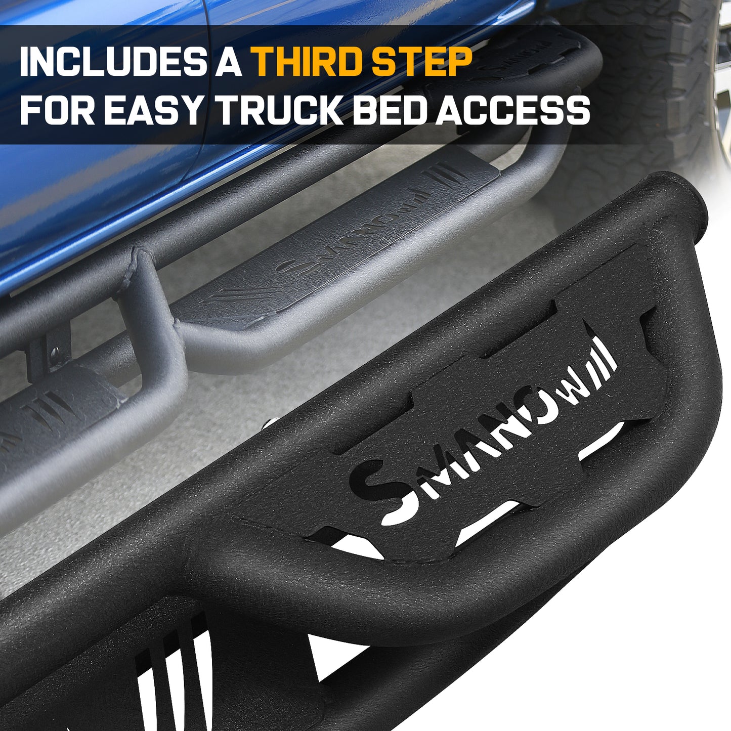 The step bar includes a rear step for easy access the truck bed.