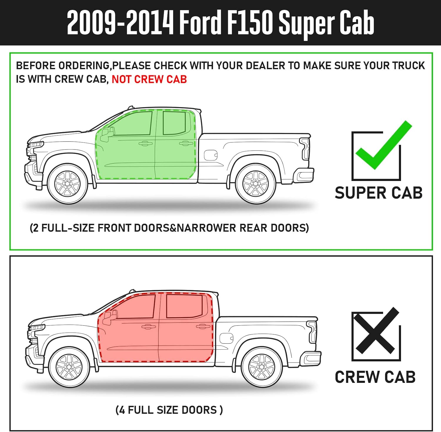 Running Boards Compatible with 2009-2014 Ford F150 Super Cab with 2 Full-size Doors and 2 Half-size Doors. Not for Crew Cab with 4 Full-size Doors.