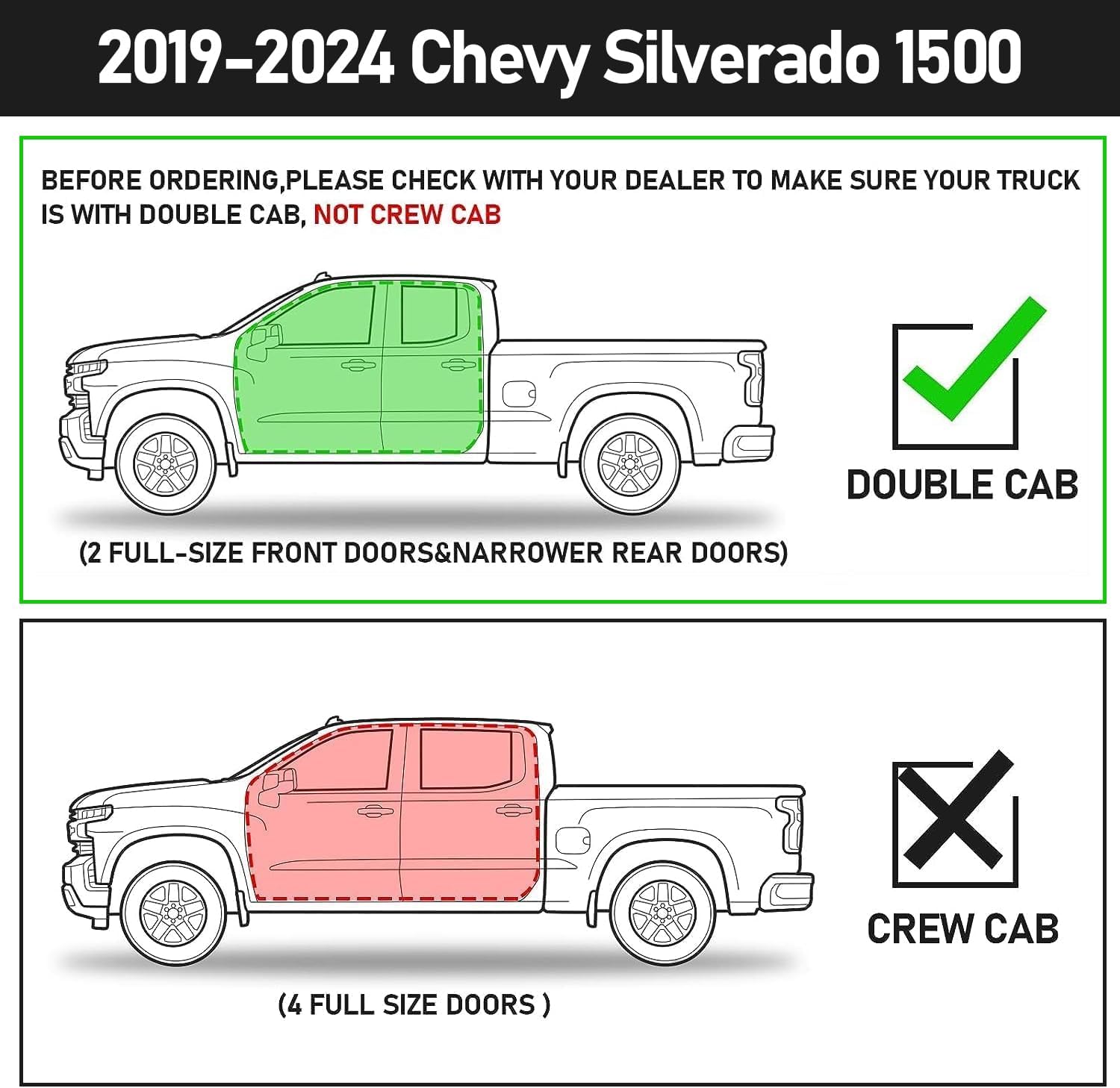 Running Boards For 2019-2024 Chevy Silverado/Gmc Sierra 1500 & 2020-2024 Chevy Silverado/Gmc Sierra 1500 2500HD 3500HD (Incl. Diesel Engine). Only Fit For Double Cab(2 Full-size Doors and 2 Half-size Doors). Does Not Fit 2019 Silverado 1500 LD & Sierra 1500 Limited.