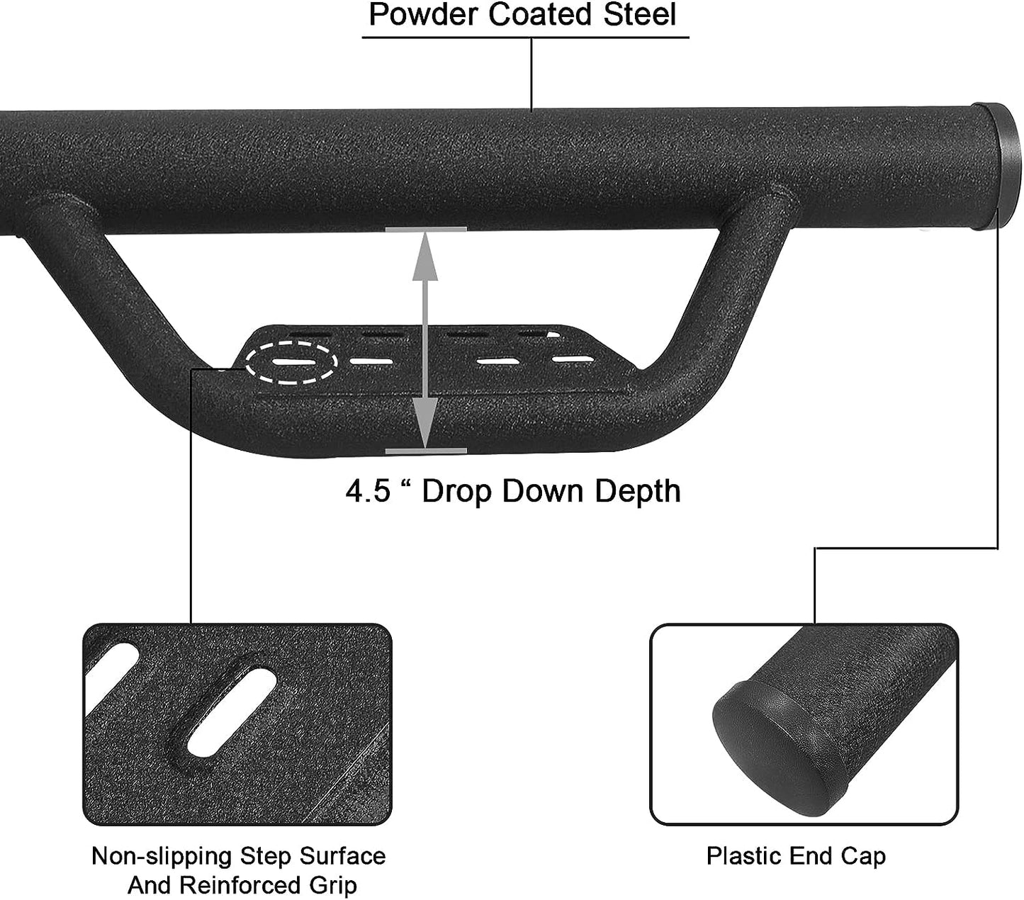 Step heigth: 4.5 inches and Plastic end caps