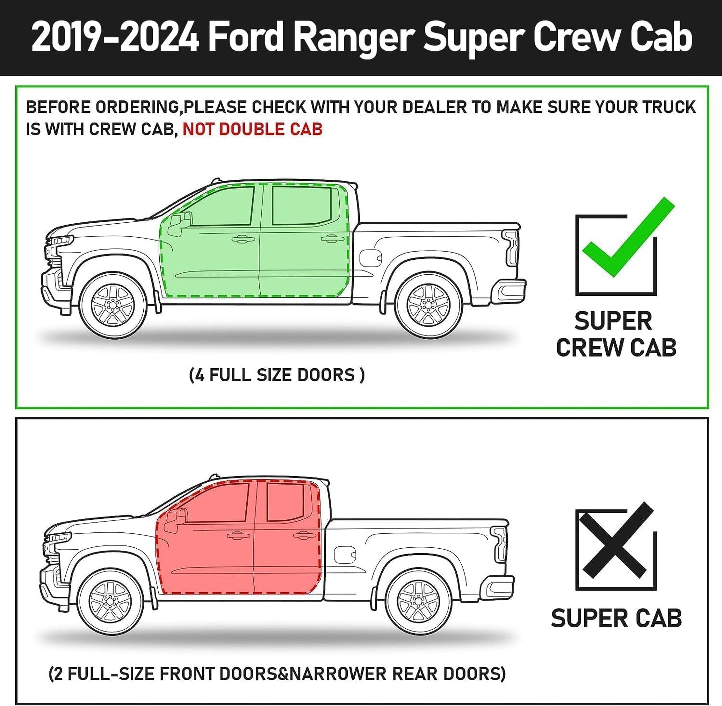 Running Boards For 2019-2024 Ford Ranger SuperCrew Cab( 4 Full-Size Doors).