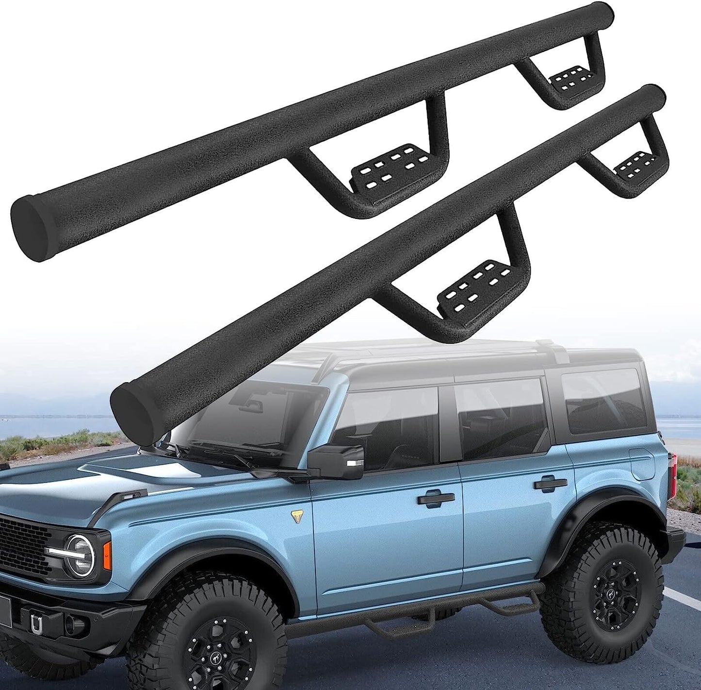 SMANOW Running Boards Compatible with 2021-2024 Ford Bronco 4 Doors, Round Tube Drop Down Style Step, Heavy Duty Carbon Steel.