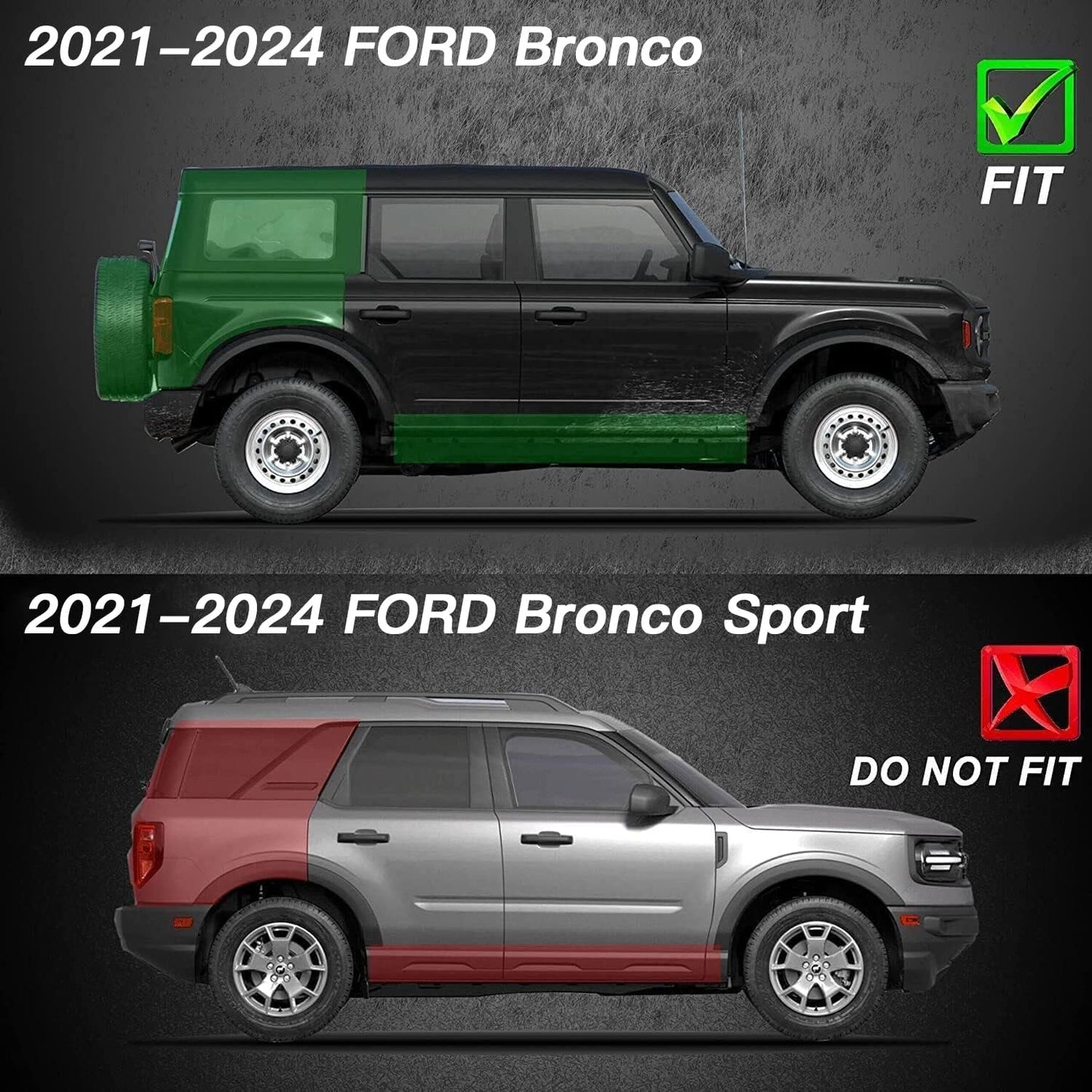 Running Boards Compatible with 2021-2024 Ford Bronco 4 Doors. Not for Bronco 2 Doors or Bronco Sport.