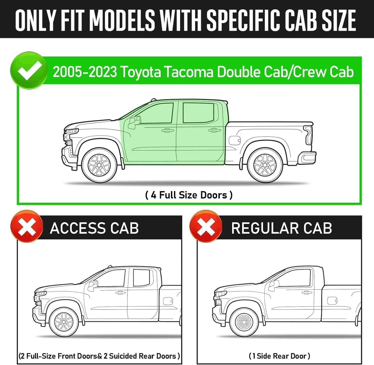 Running Boards for 2005-2023 Toyota Tacoma Double Cab(4 Full-size Doors). Does Not Fit Access Cab(2 Full-size Doors and 2 Half-size Doors).