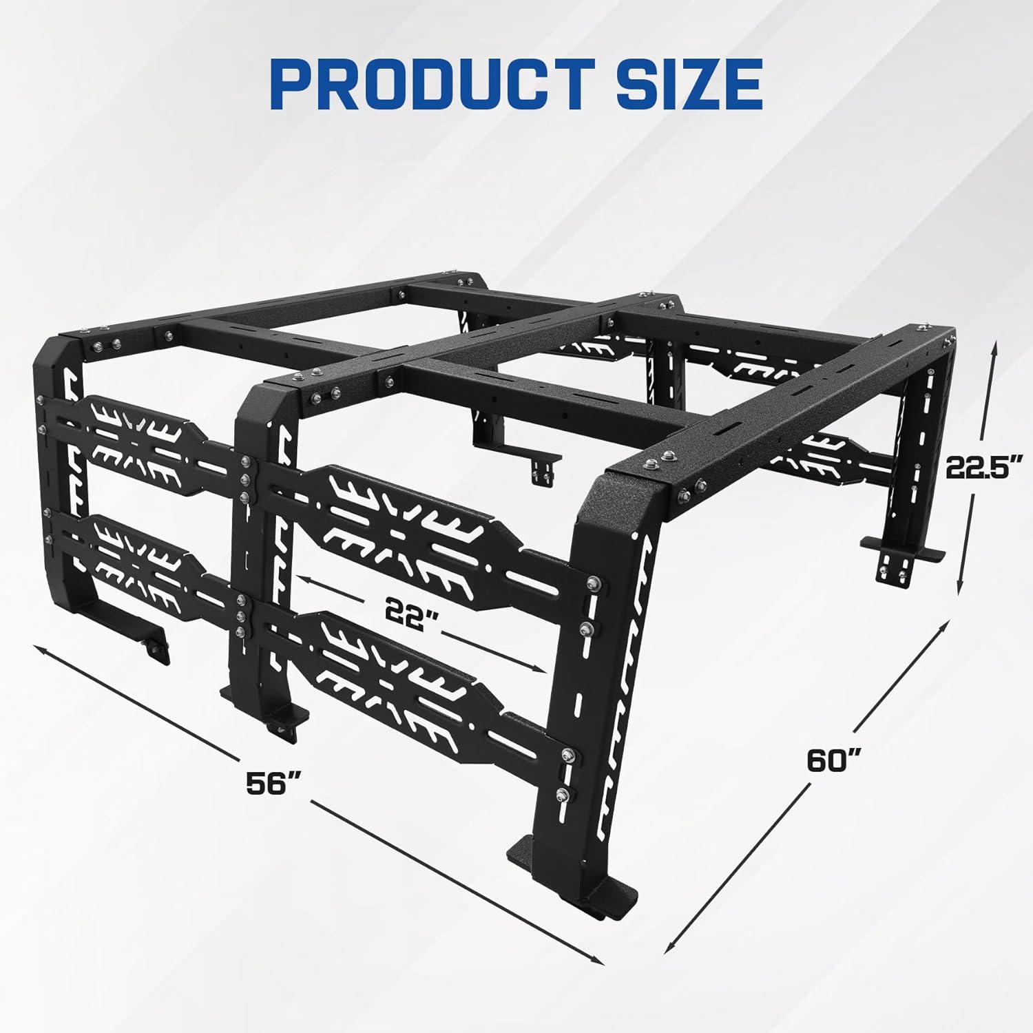 The Gladiator Bed Rack Shipped with Two Separate Packages.  Product Height: 22" High Overland Bed Racks Match The Jeep Gladiator. Size (L x W x H): One Package: 32.7 x 27.5 x 9 inches, Another Package: 56 x 15.7 x 9 inches.