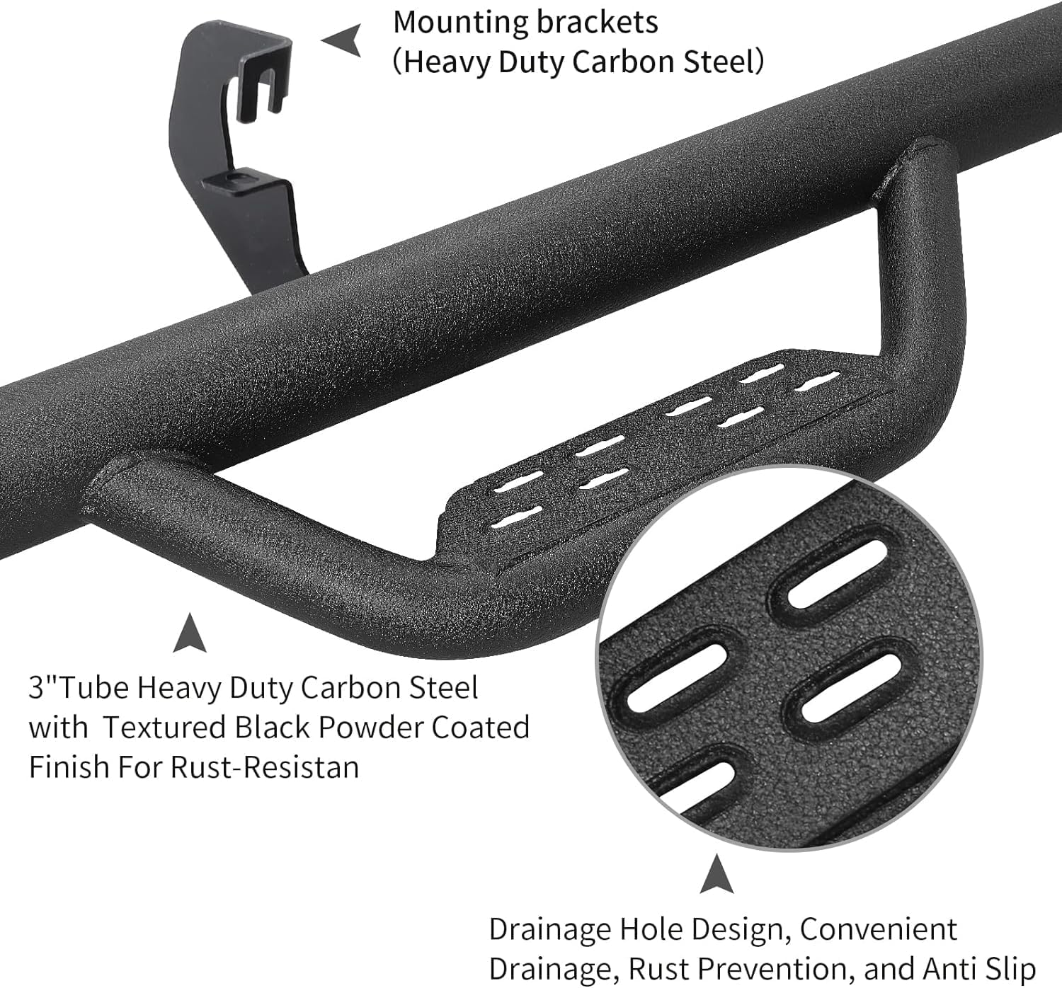 3 inches tube running boards come with mounting brackets and drainage holes.