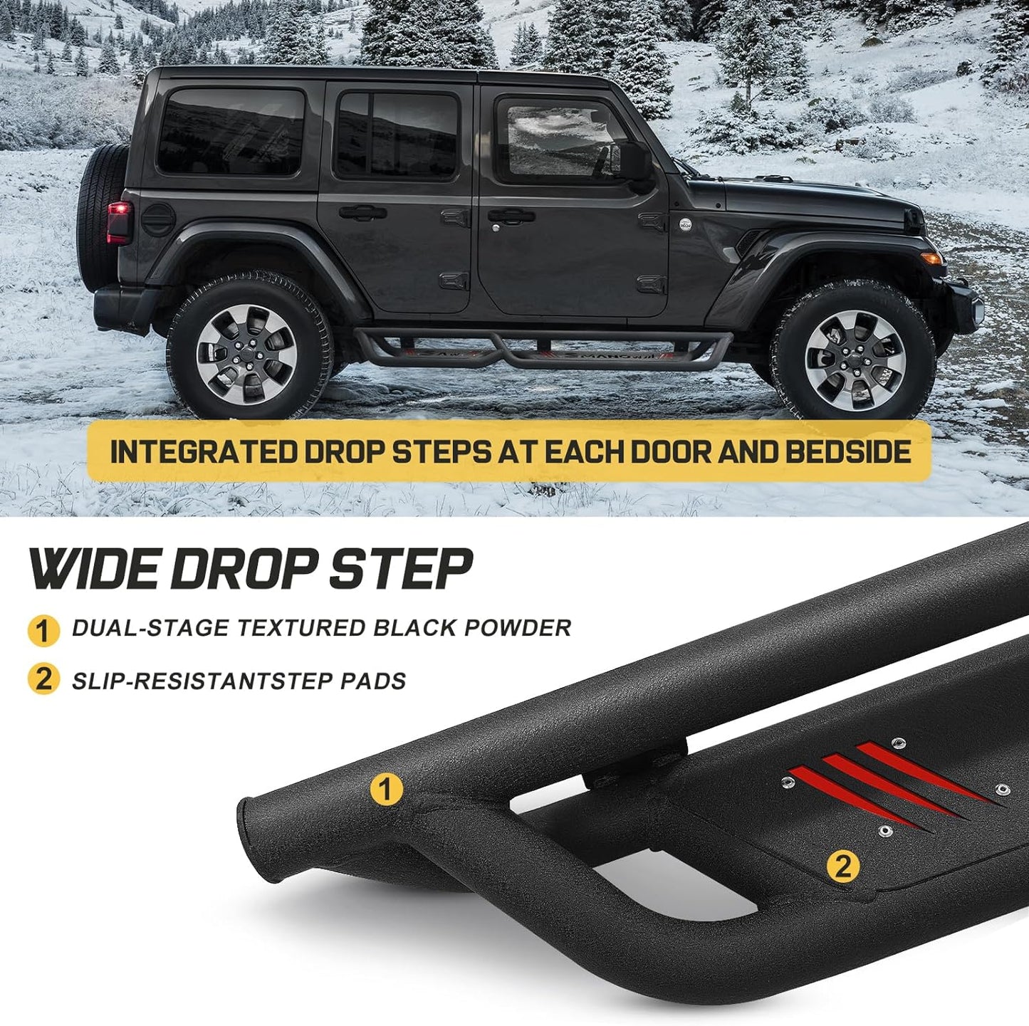 SMANOW Running Boards Compatible with 2018-2024 Jeep Wrangler JK 4 Doors, Wheel to Wheel, Specifically Designed for Wrangler JL.