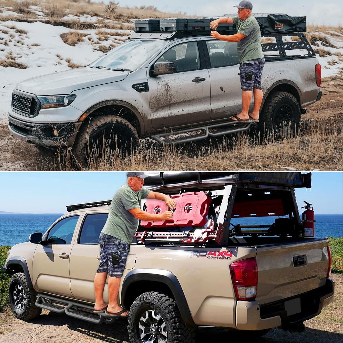 SMANOW Running Boards Compatible with 2005-2023 Toyota Tacoma Double Cab(4 Full-Size Doors), A Two-Stair Layout Steps Design, Bed Access Steps, Small Rear Step.