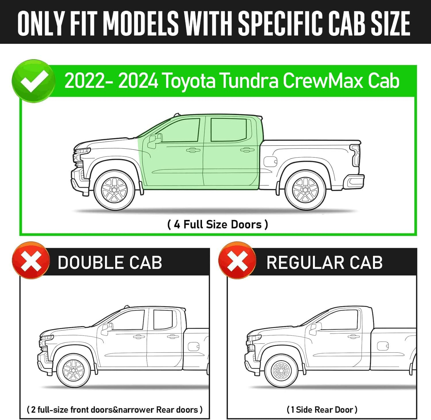 Running boards compatible with 2022-2024 Toyota Tundra CrewMax Cab.