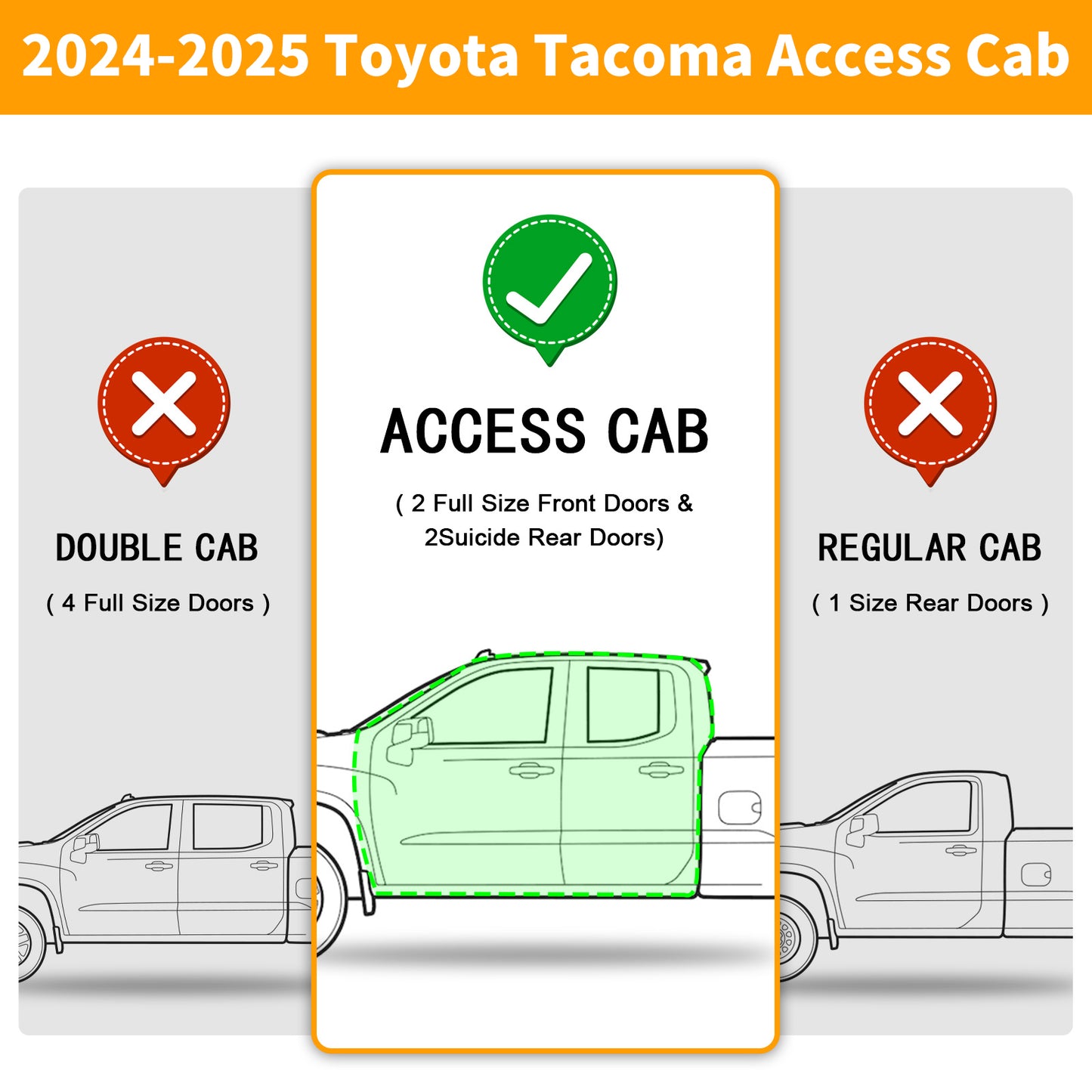 For 2024 2025 Toyota Tacoma Xtra cab/Access cab with 2 full-size front doors and 2 half-size rear doors, not for double cab with 4 full-size door.
