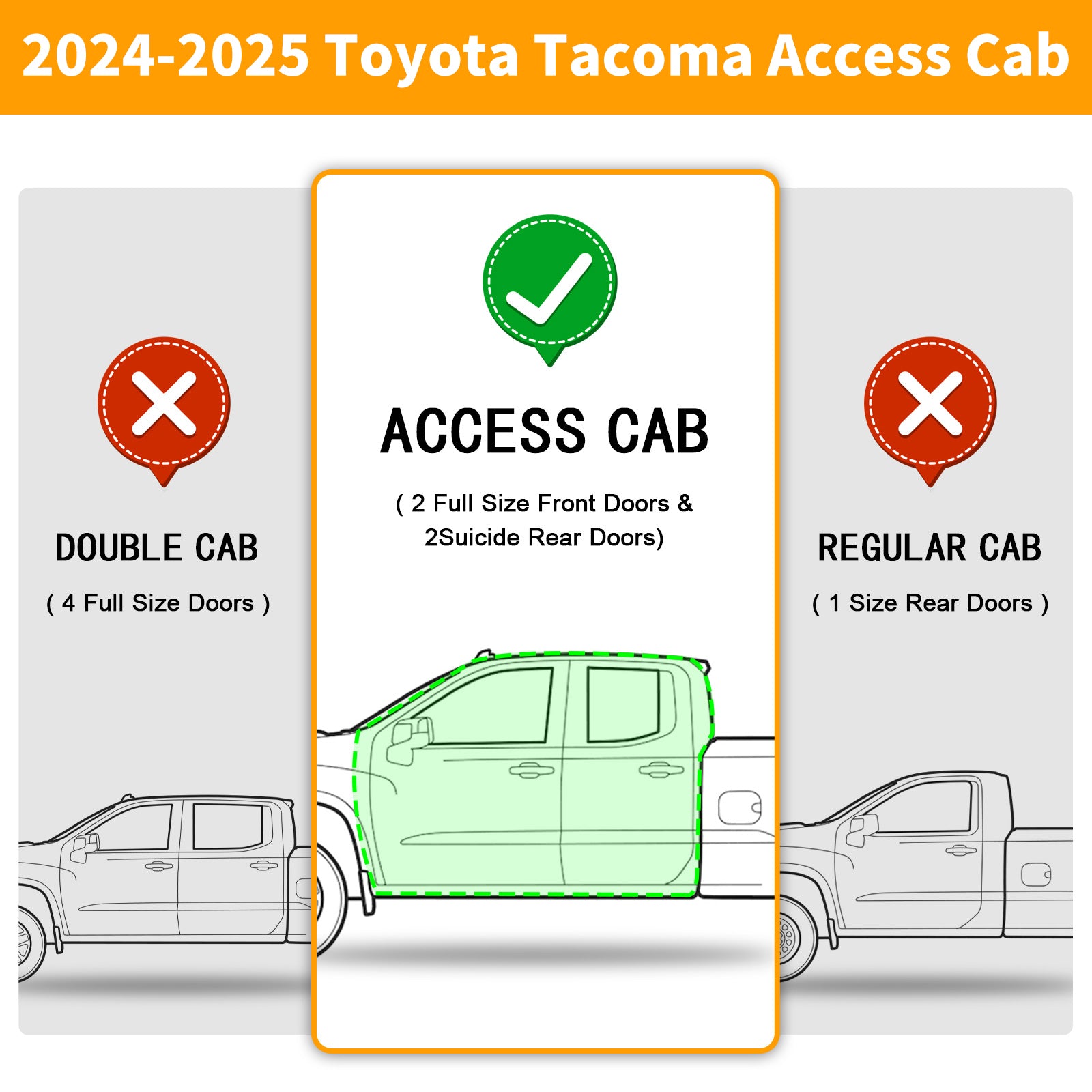 For 2024 2025 Toyota Tacoma Xtra cab/Access cab with 2 full-size front doors and 2 half-size rear doors, not for double cab with 4 full-size door.