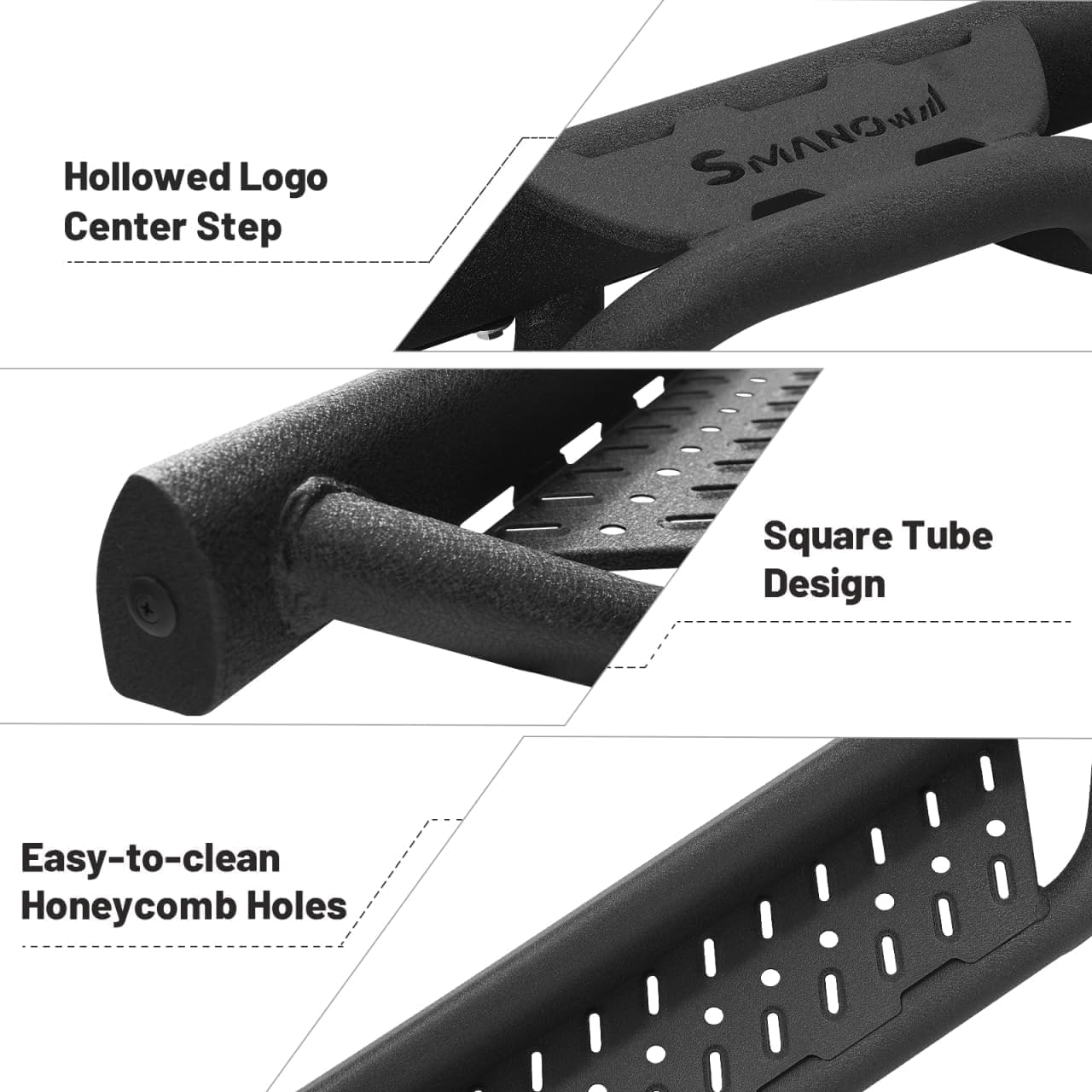 hollowed logo center step and square tube design, easy to clean honey comb holes