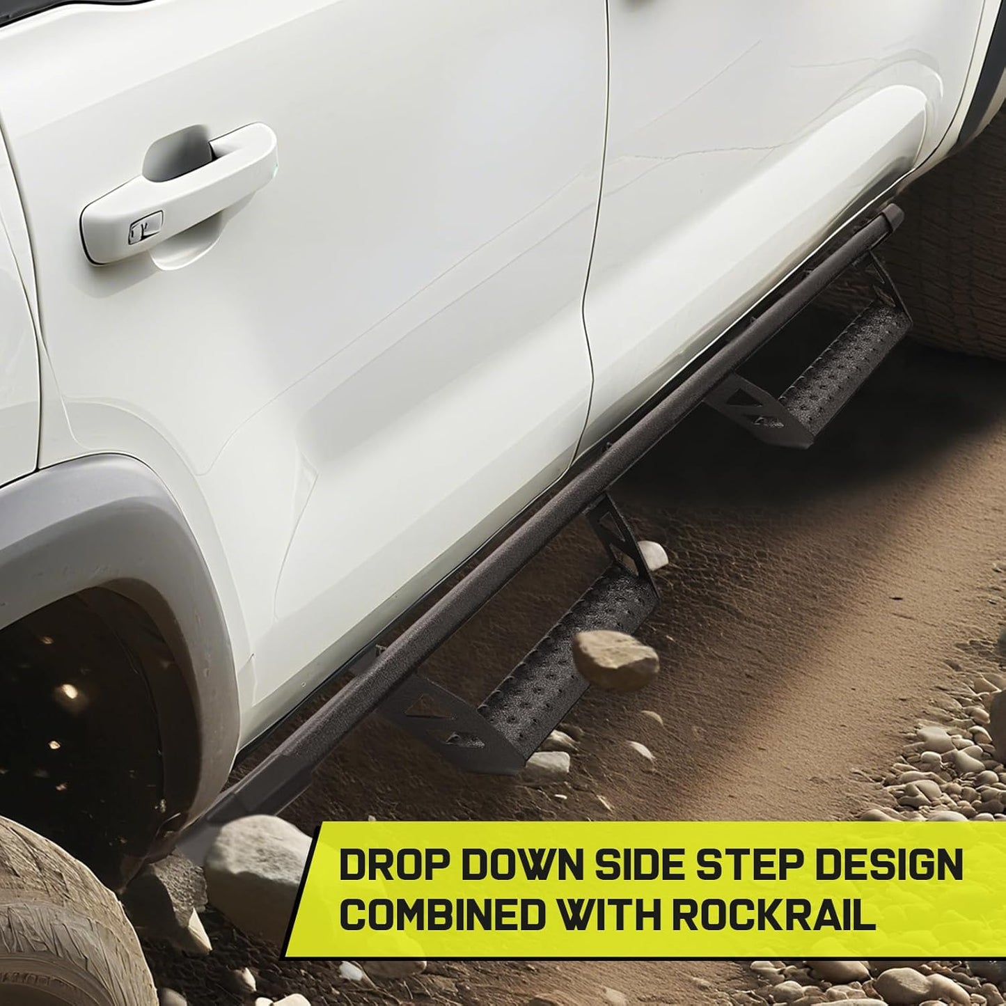 The rock rails with drop down steps provide a firm stepping point that can help with getting in and out of the vehicle while effectively resisting cuts to the body and chassis from rocks or obstacles on the trail.