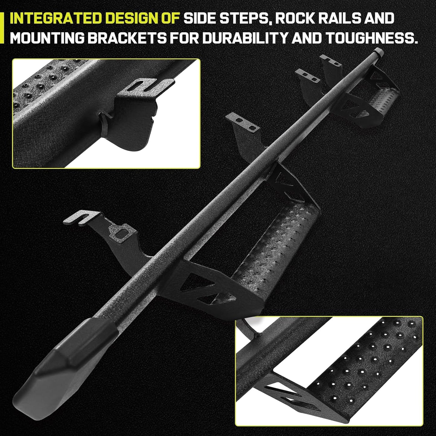 Tacoma side steps feature factory-original rock rail construction for rugged dependability. The rock rails with drop down steps provide a firm stepping point that can help with getting in and out of the vehicle while effectively resisting cuts to the body and chassis from rocks or obstacles on the trail.