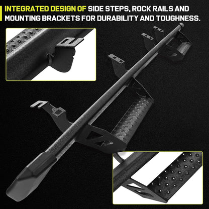 Tacoma side steps feature factory-original rock rail construction for rugged dependability. The rock rails with drop down steps provide a firm stepping point that can help with getting in and out of the vehicle while effectively resisting cuts to the body and chassis from rocks or obstacles on the trail.