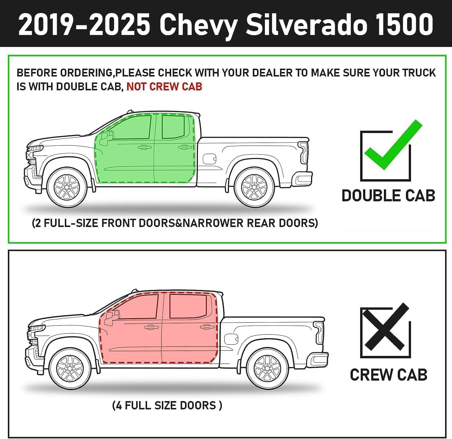 Truck running boards compatible with 2019-2025 chevy silverado/gmc sierra 1500 double cab, 2020-2025 silverado/gmc sierra 2500hd 3500hd double cab wtih 2 narrow rear doors. Not compatible with crew cab with 4 full-size doors. Does not fit 2019 silverado/sierra 1500 ld/litimted. Does not fit diesel model.