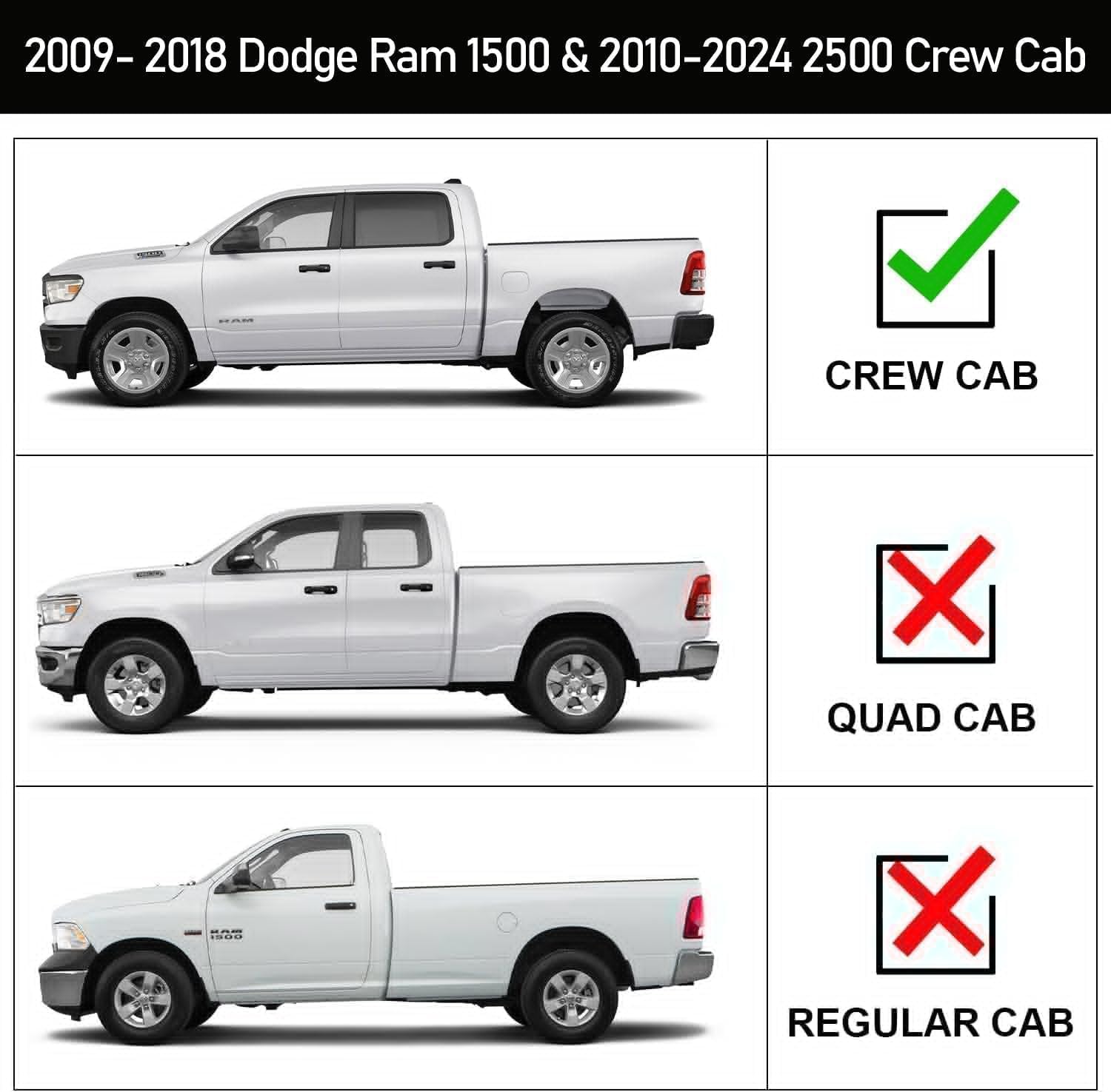 Running Boards Compatible with 2009-2018 Dodge Ram 1500 Crew Cab, 2010-2024 Ram 2500/3500 Crew Cab, 2019-2024 Ram 1500 Classic Crew Cab. The Bottom of The Truck Have Factory Holes. please Check The Cab Size Before Purchase.
