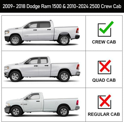 Running Boards Compatible with 2009-2018 Dodge Ram 1500 Crew Cab, 2010-2024 Ram 2500/3500 Crew Cab, 2019-2024 Ram 1500 Classic Crew Cab. The Bottom of The Truck Have Factory Holes. please Check The Cab Size Before Purchase.