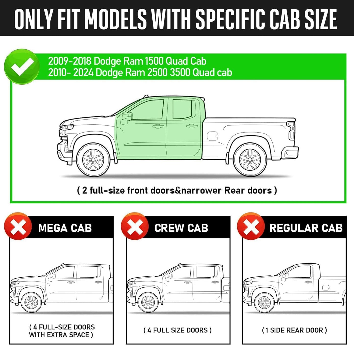 Truck running boards compatible with 2009-2018 dodge ram 1500, 2010-2024 ram 2500 3500, 2019-2024 ram 1500 classic quab cab with 2 narrow rear doors. Only compatible with quad cab. Not compatible with compatible with crew cab (4 full-size doors).