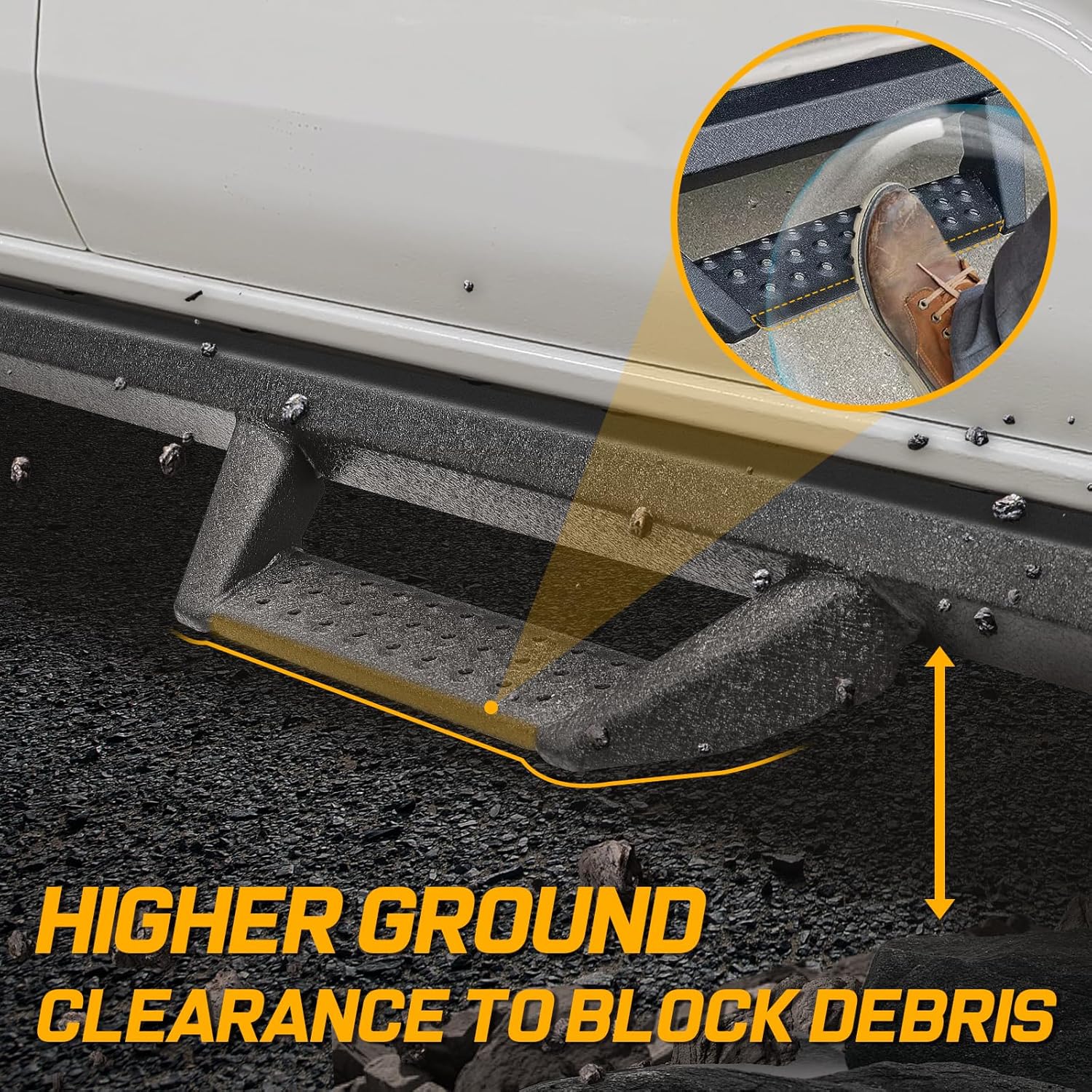 High running boards clearance to effectively block flying debris impacts and protect the chassis and bodywork