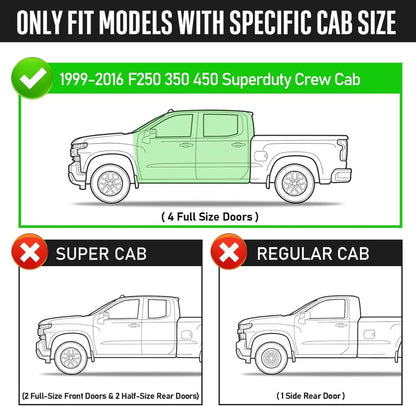 Running boards compatible with 1999-2016 ford f250 f350 f450 superduty crew cab. Only compatible with crew cab. please Check the cab size before purchase.