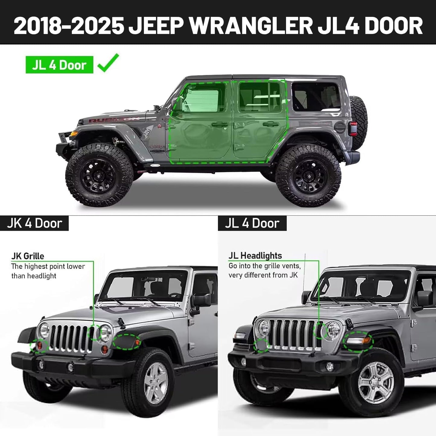 Wrangler side steps compatible with 2018-2025 wrangler jl 4 door（does not compatible with wrangler jk). please Check the cab size before purchase.