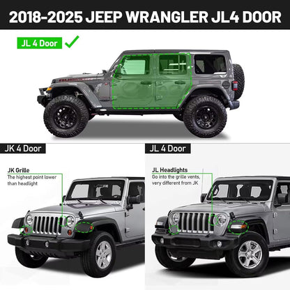 Wrangler side steps compatible with 2018-2025 wrangler jl 4 door（does not compatible with wrangler jk). please Check the cab size before purchase.