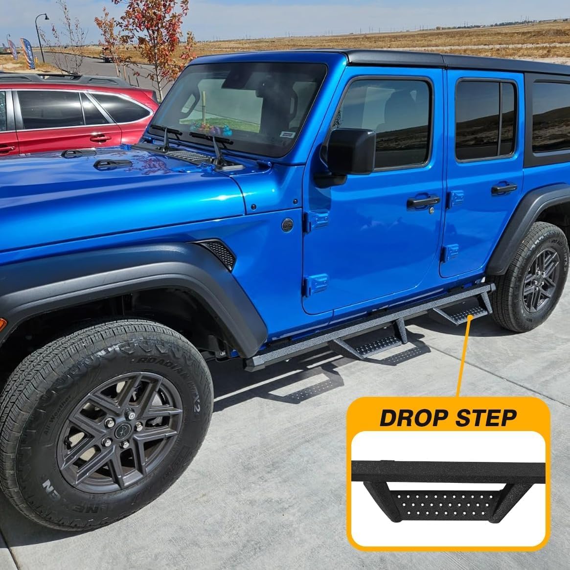 Drop down style, 4.7 inch drop off making it easier to enter and exit. Durable non-slip steps provide more protection.