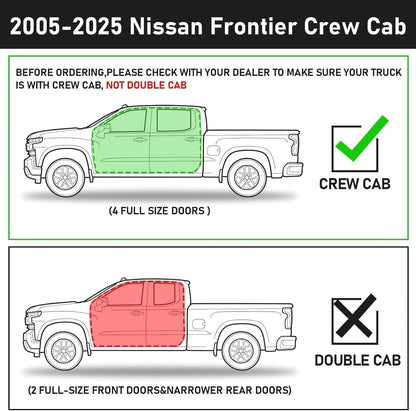 Running boards compatible with 2005-2025 nissan frontier crew cab with 4 full-size door. Not compatible with king cab with 2 narrow rear door. please Check the cab size before purchase.