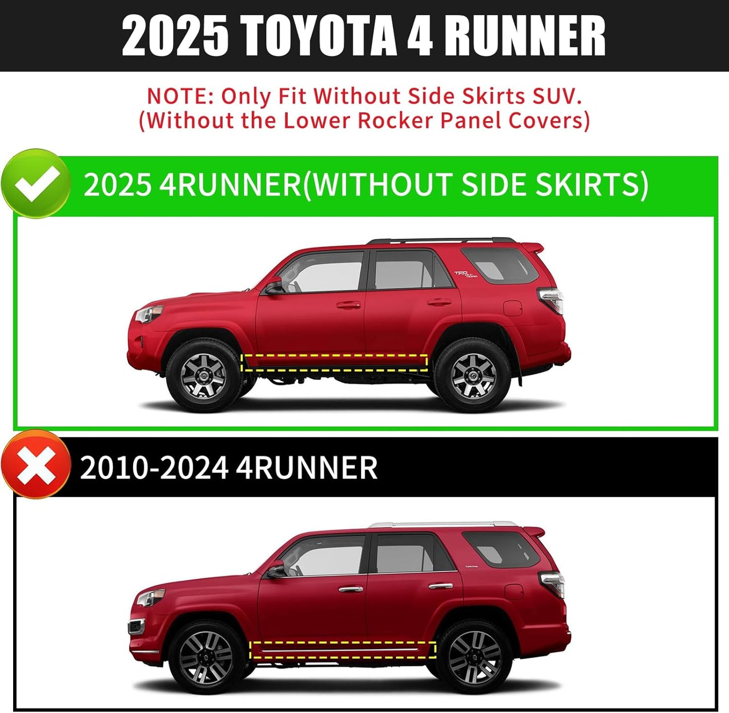 FITMENT: Running boards compatible with 2025 toyota 4Runner(without side skirts). Does not compatible with 2010-2024 toyota 4Runner.