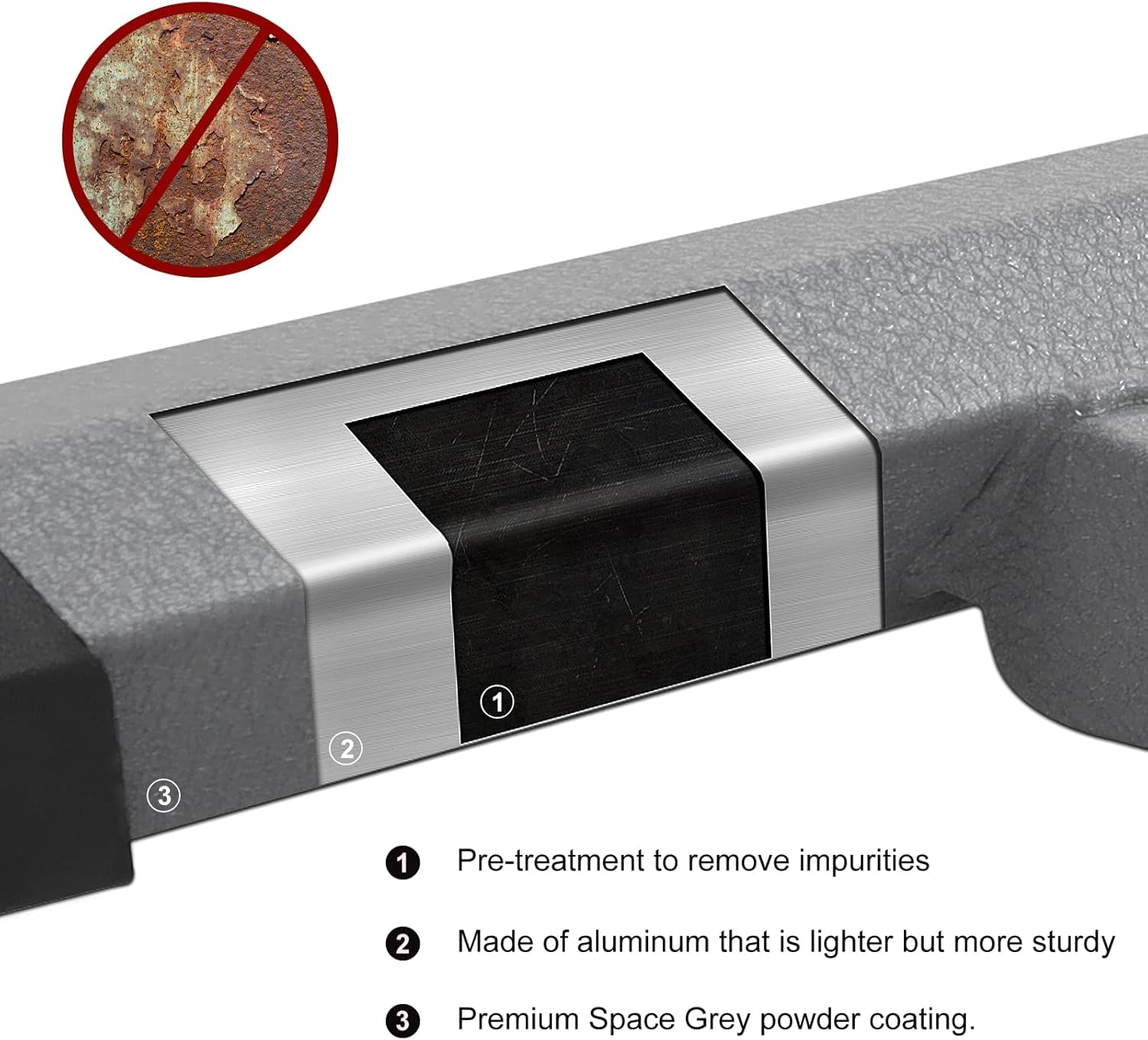 Stainless Steel Tacoma Running Boards Made With Heavy Textured Powder Finish Coated Steel And Heavy Duty Material. Step Pads Have Special Non-slip Tread For Superior Traction.