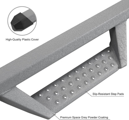 High-Quality Plastic Cover protect the truck body. The front and rear sections of the running boards have high quality plastic covers that prevent dirt and other debris from getting inside the running boards tubes, which can lead to rust. It also prevents sharp running boards pipe openings from scratching your legs.