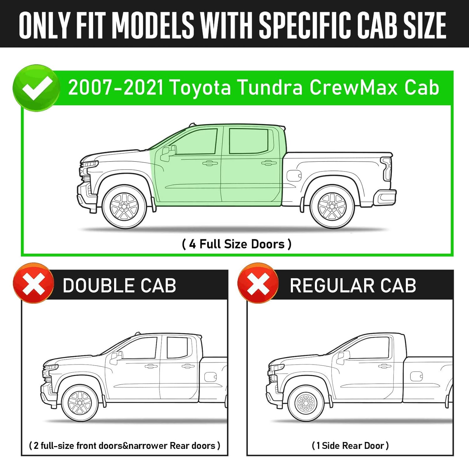 Running boards compatible with 2007-2021 toyota tundra crewmax cab (4 full size door). Not compatible with tacoma.
