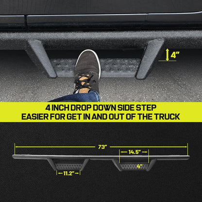 4" wide drop down steps make it easier for people to get in and out of the truck, and and keeps the truck's ground clearance unaffected while driving on the road.