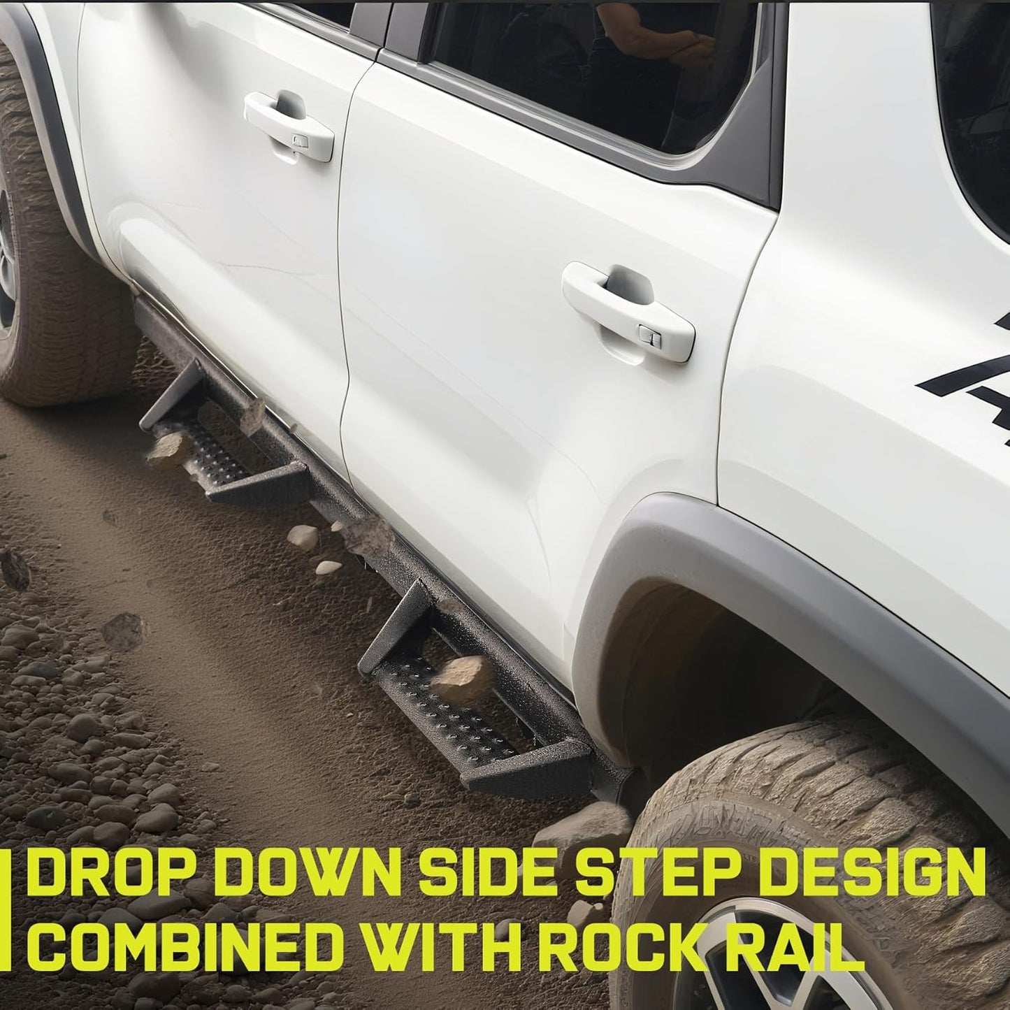 4 Inch Drop Down Side Steps- Unique drop down side steps with a hollow design for effective water drainage and slip resistance. 4" wide drop down steps make it easier for people to get in and out of the truck, and and keeps the truck's ground clearance unaffected while driving on the road.
